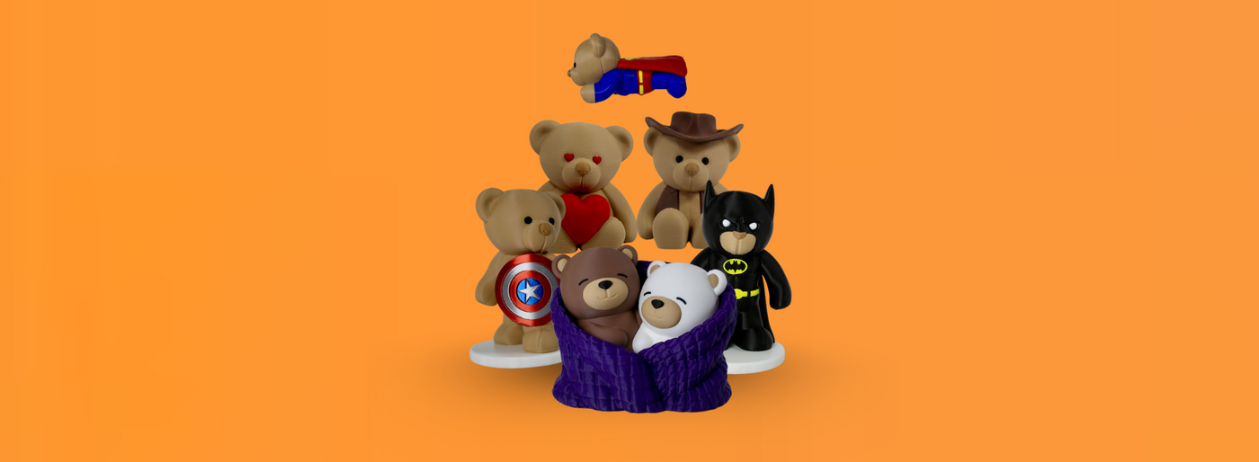 Collection of teddy bears dressed in superhero costumes on an orange background