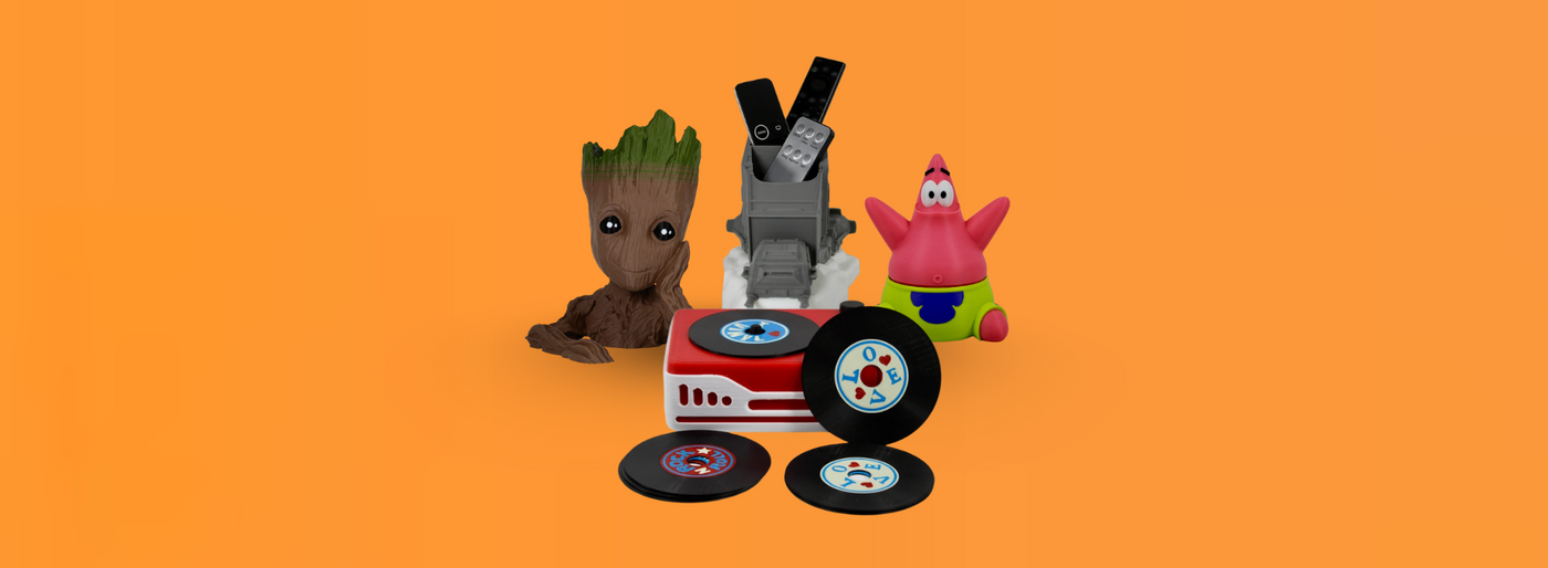 Three toy figures on a record player with vinyl records against an orange background